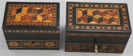 Two Tunbridge ware coromandel perspective cube and geometric mosaic ink bottle boxes, probably Barton, 4.5in.